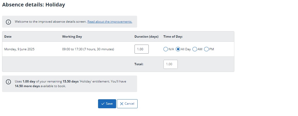 screenshot showing the new style of entitlement summary